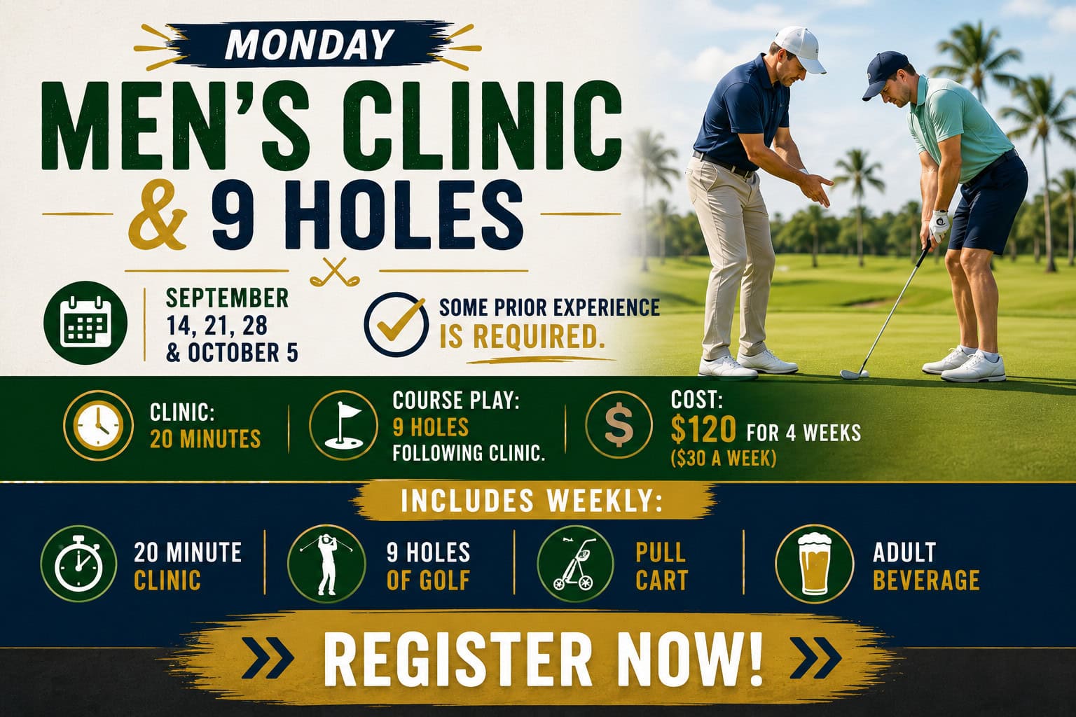 Monday Men's Clinic and 9 Holes at Palm Valley Golf Course, September 14, 21, 28 and October 5, $120 for four weeks
