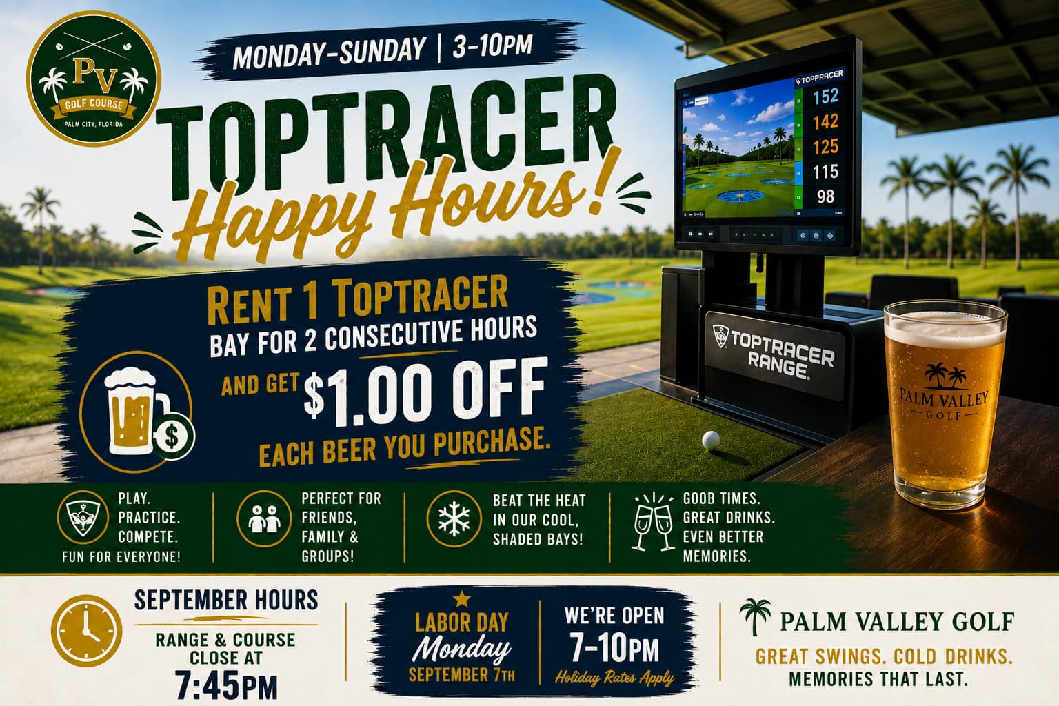 Toptracer Happy Hours at Palm Valley Golf Course, Monday to Sunday 3 to 10 p.m., rent one Toptracer bay for two consecutive hours and get $1 off each beer